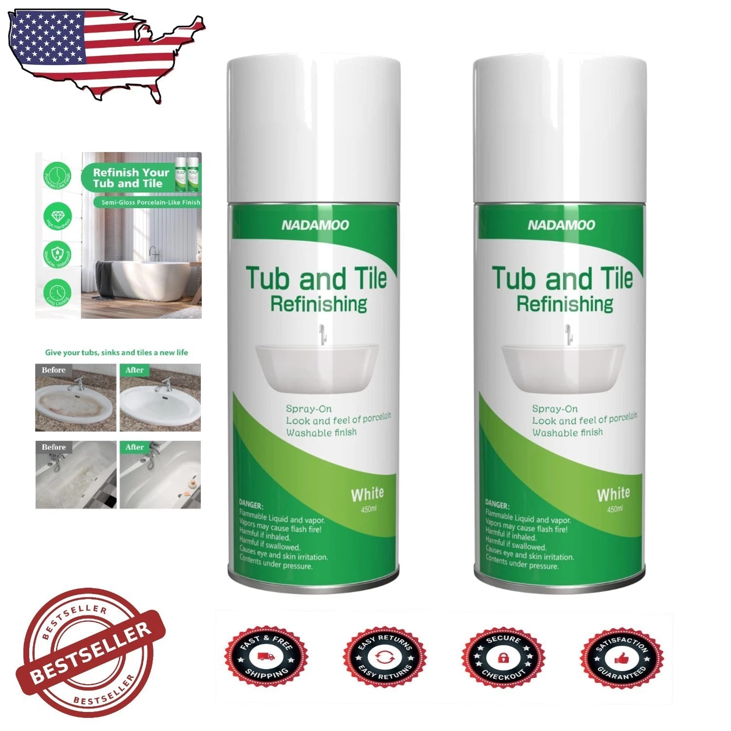 White Bathtub Tile Refinish Spray – 2X 12oz Scratch Resistant DIY Kit