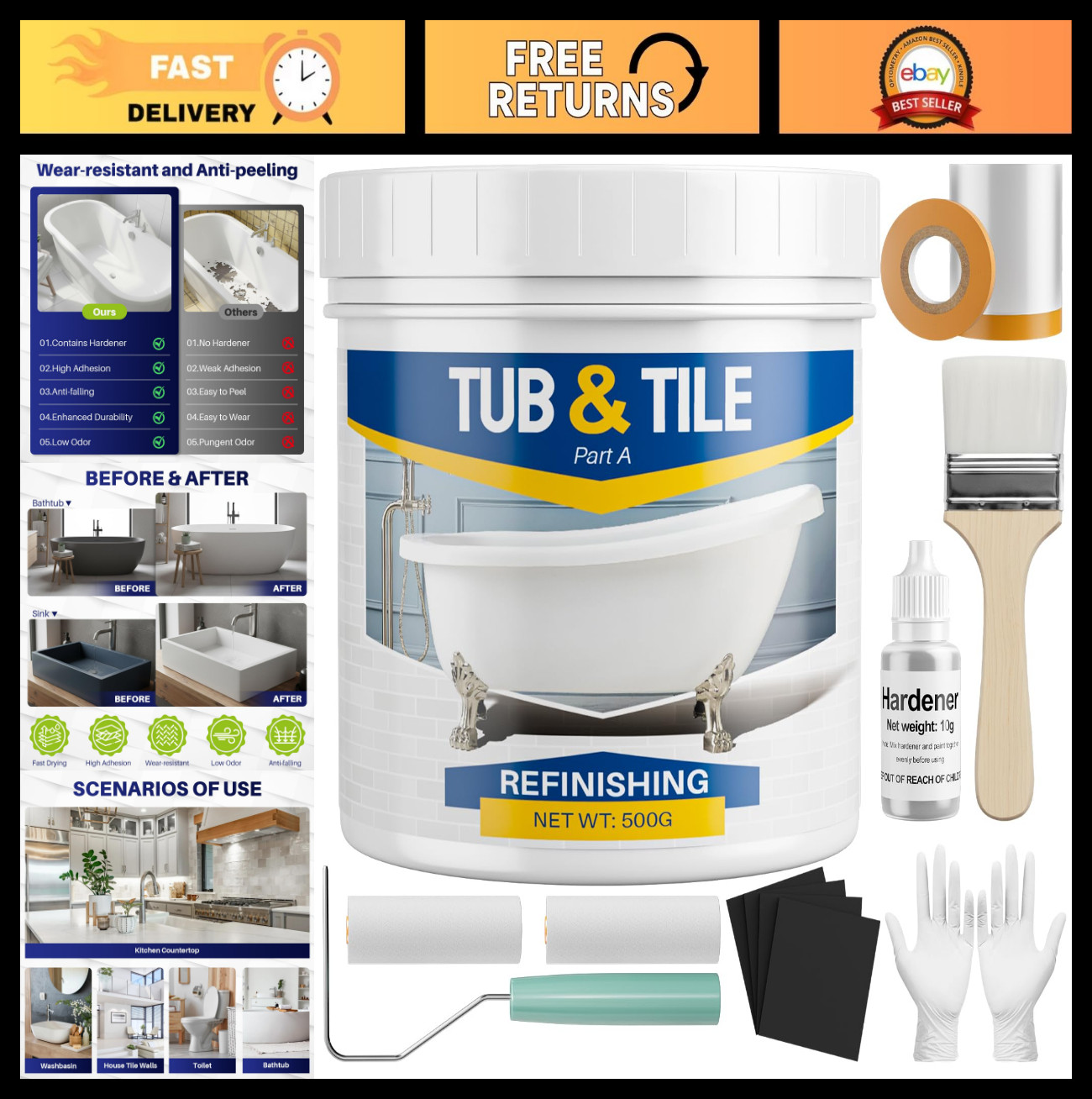 DIY Tub and Tile Refinishing Kit, 17oz White Paint for Bathtub, Shower & Counter