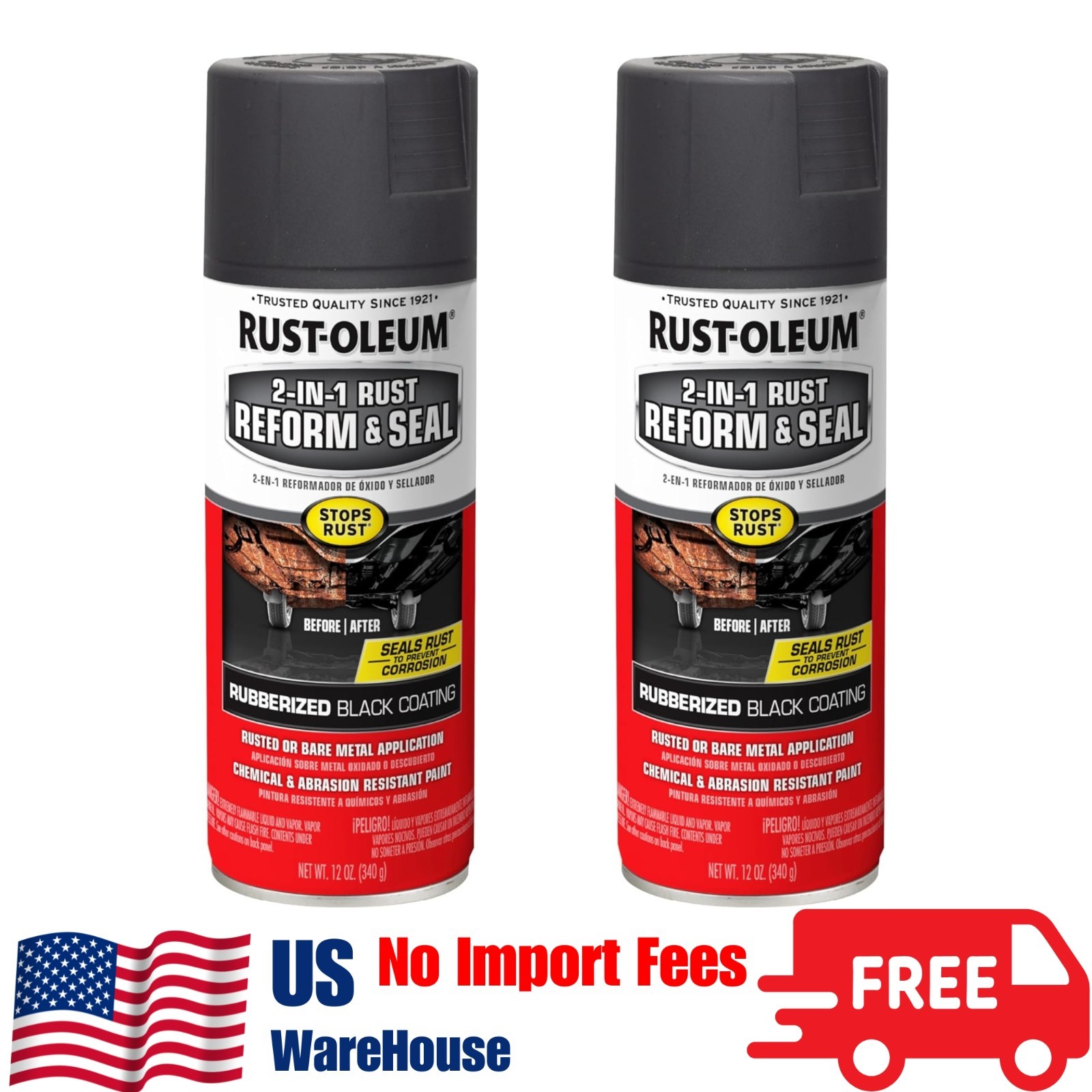 (2 Pack) Black, Rust-Oleum Stops Rust 2 In 1 Rust Reform and Seal Spray, 12 Oz
