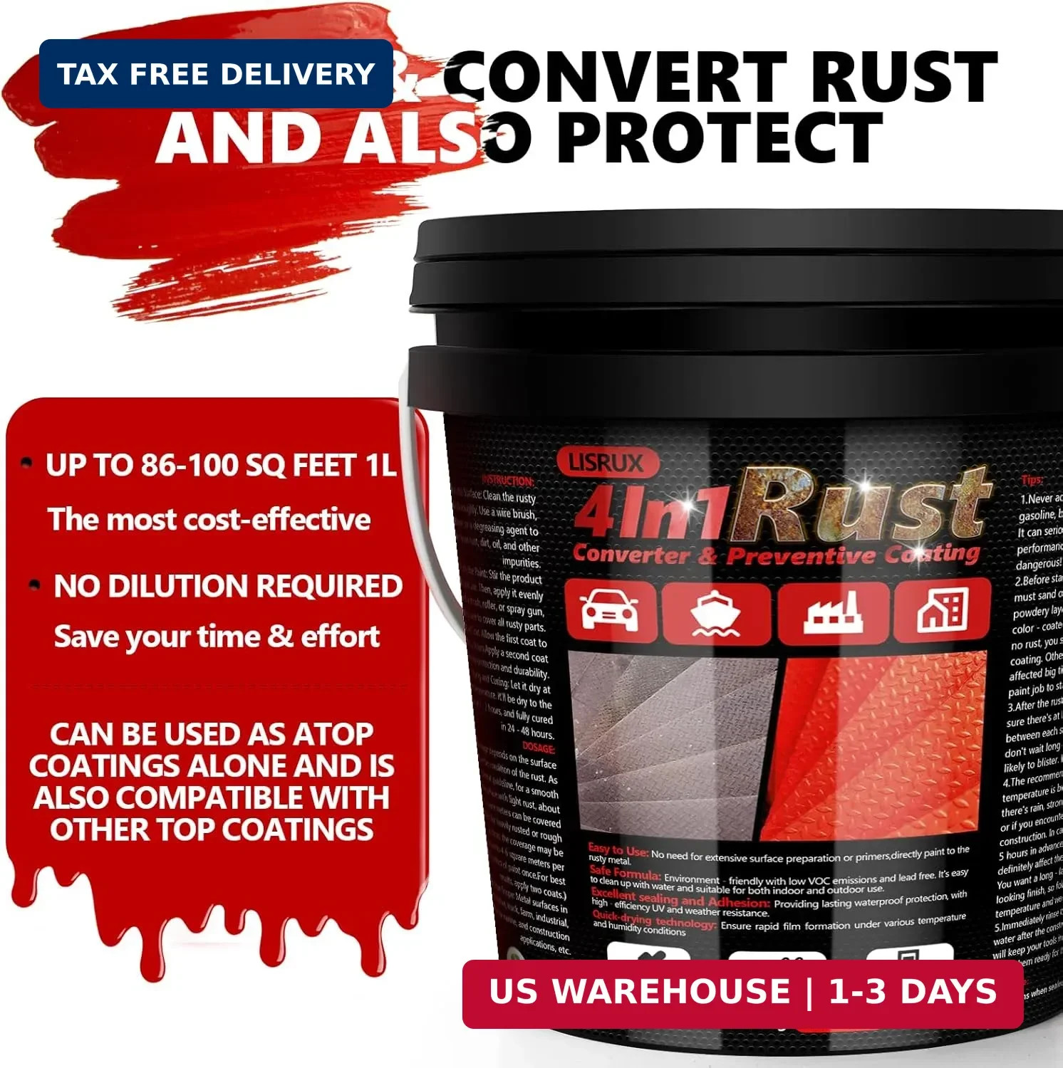 4-in-1 Rust Converter & Metal Primer, 141 Fl OZ Red Rust Inhibitor Paint for Met
