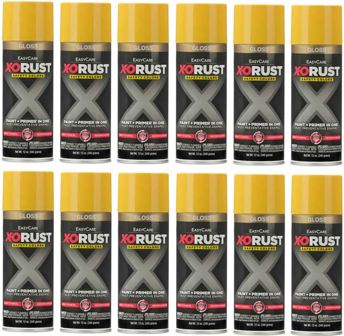 X-O Rust XOP4-AER Gloss SAFETY YELLOW Anti-Rust Enamel Spray Paint – 12 Pack