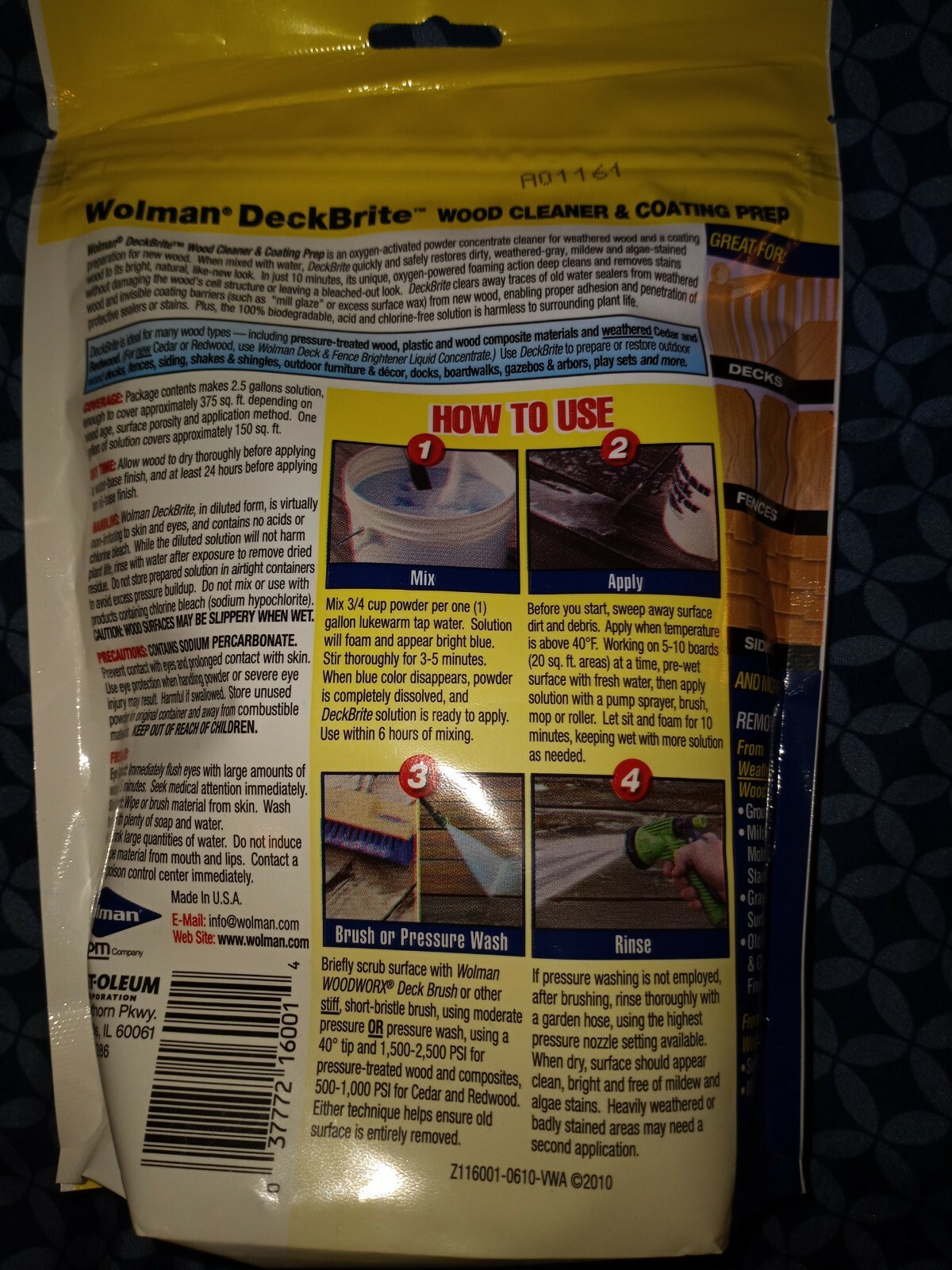 Wolman DeckBrite 1 Lb Wood Cleaner Coating Prep 16001 Restores WoodCovers 375 SF