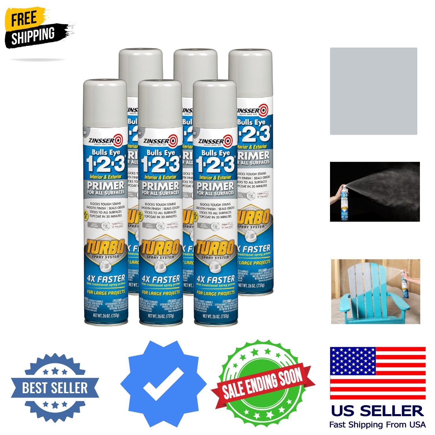 Bulls Eye 1-2-3 Turbo Primer Spray, 26 oz, Gray, 6 Pack