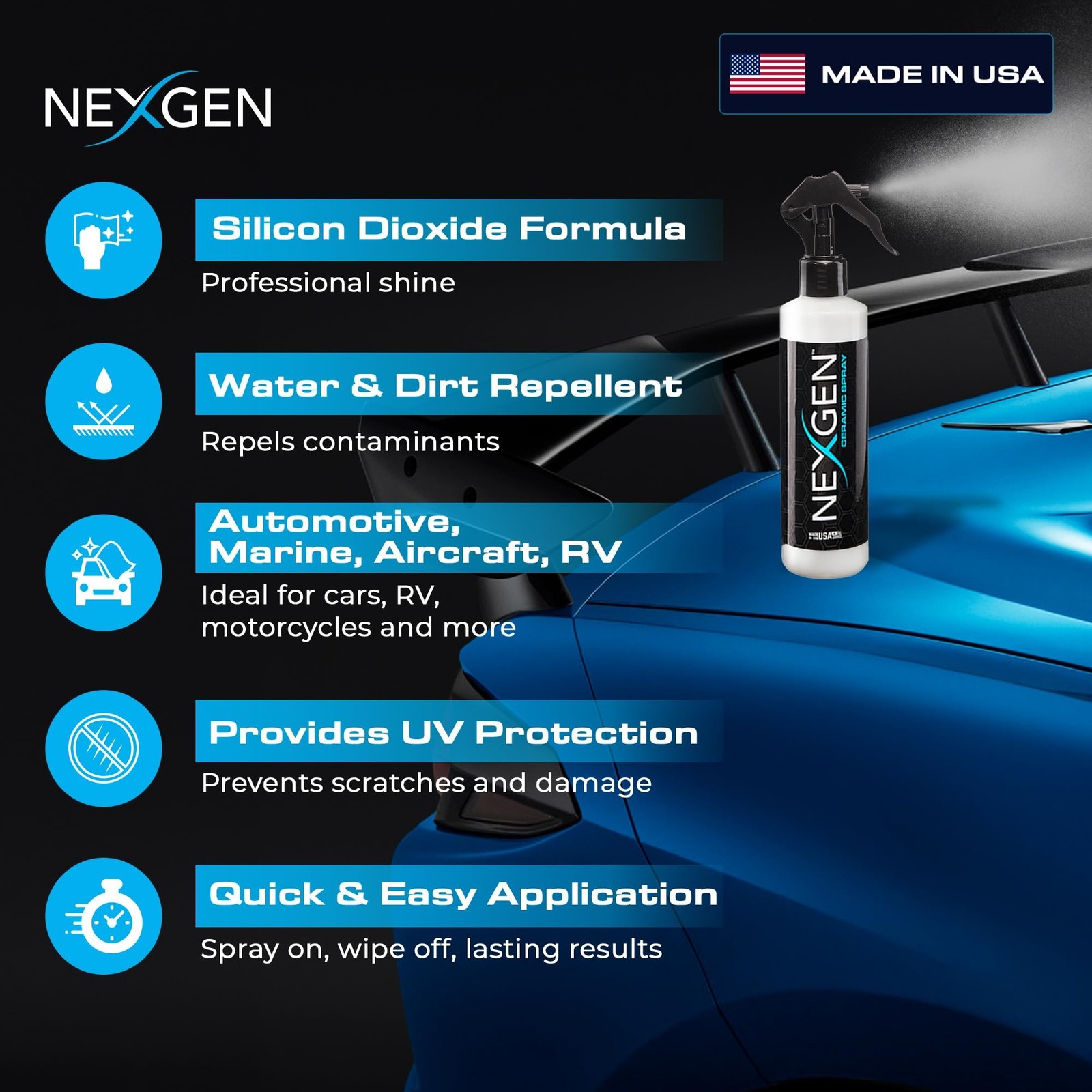 Nexgen Ceramic Spray Silicon Dioxide 8oz for Cars RVs Motorcycles Boats ATVs