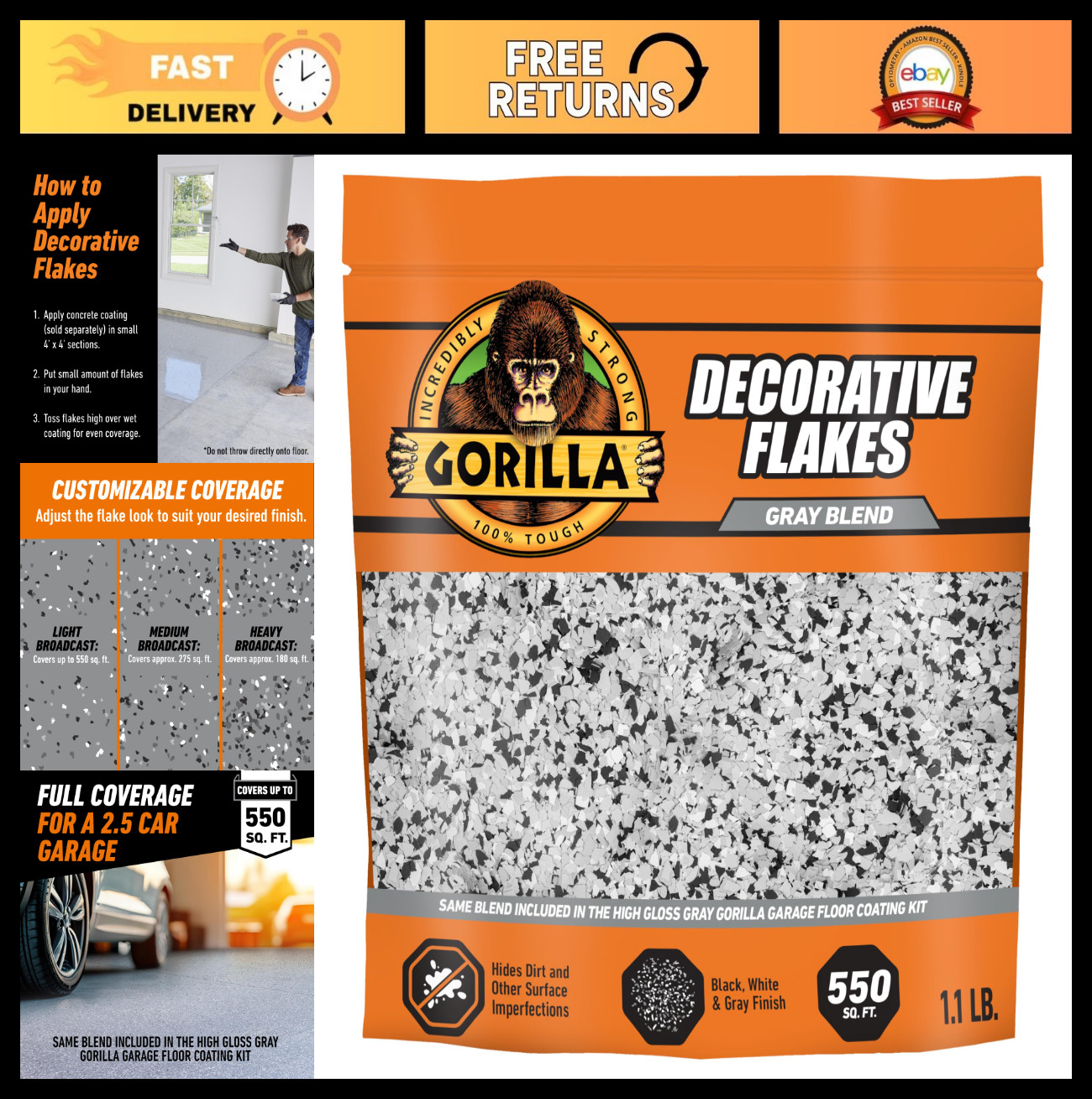 Decorative Garage Floor Coating Flakes – Gray, Black & White Blend – Hides Imper