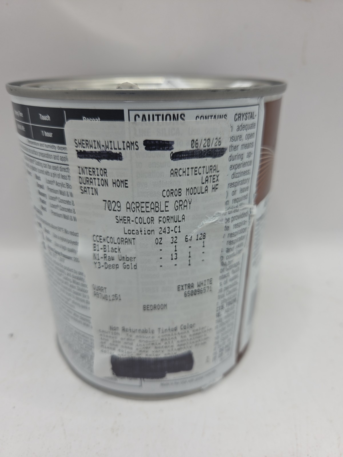 1 Qt Sherwin Williams Duration Interior Satin Color 7029 Agreeable Gray