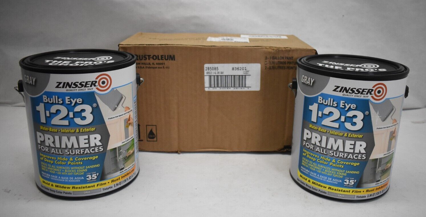 Lot of 2 Zinsser Bulls Eye 1-2-3 Latex Stain Blocking Primer 285085 1 Gal Gray