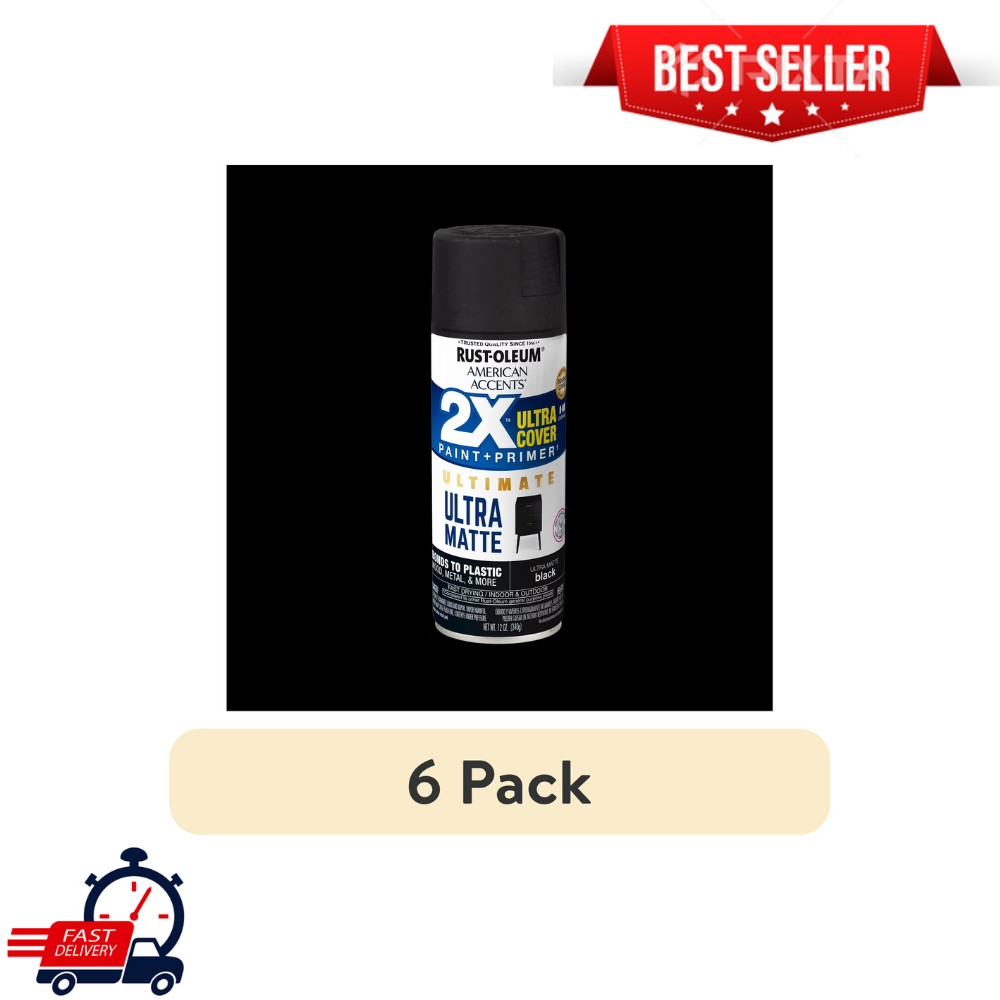 6PK Black, Rust-Oleum American Accents 2X Ultra Cover Matte Spray Paint, 12 oz