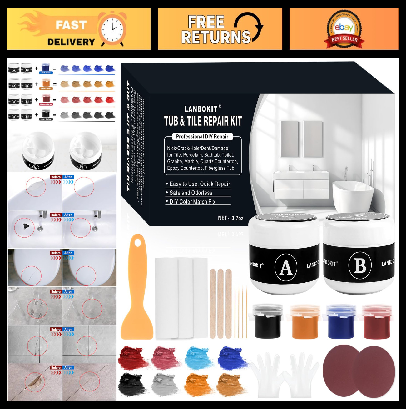 Tile & Fiberglass Tub Repair Kit – Color Matching, Porcelain Sink & Countertop F