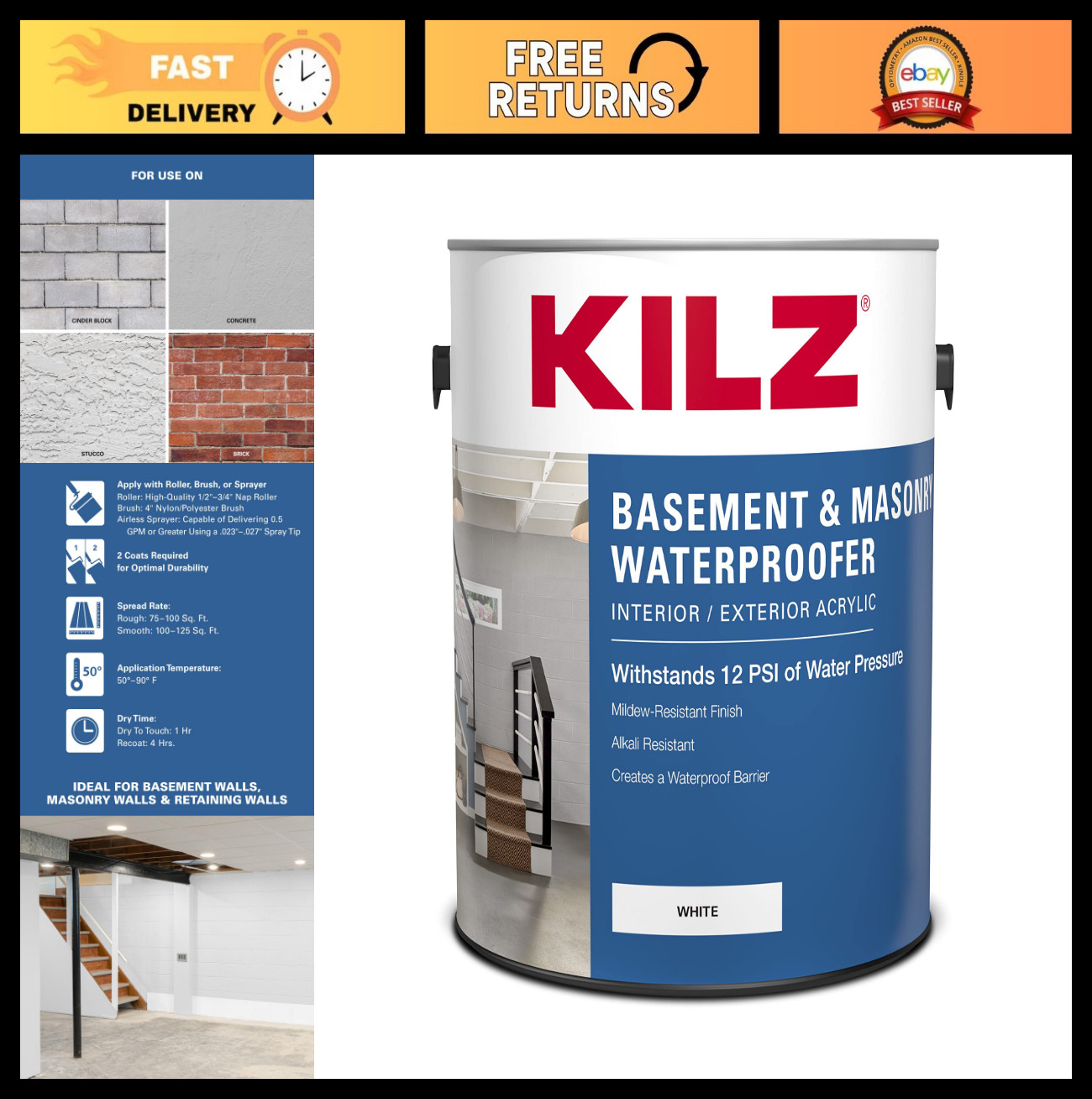 Waterproofing Paint for Basement & Masonry, Interior/Exterior, White, 1 Gallon
