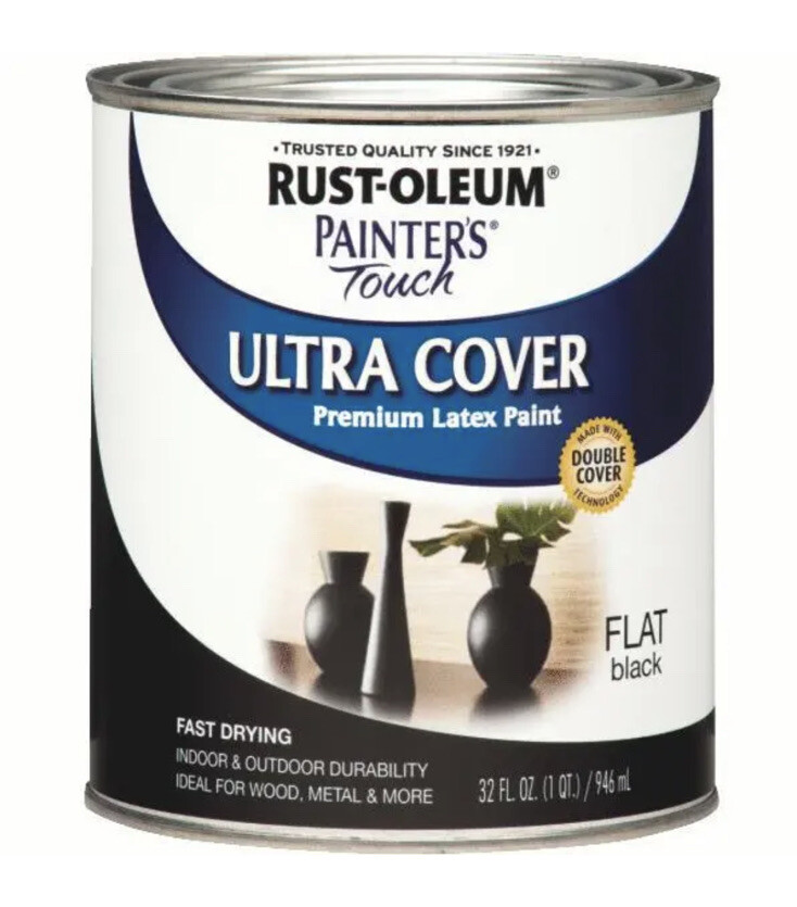 RustOleum Painters Touch 2X Ultra Cover Premium Latex Paint, Flat Black, 1 Qt.