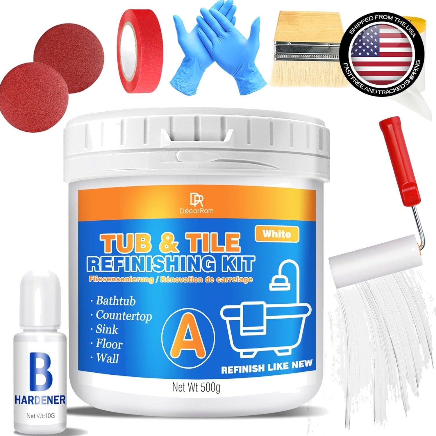 Tub and Tile Refinishing Kit – 17Oz Semi-Gloss White Tile Paint with Tools for B