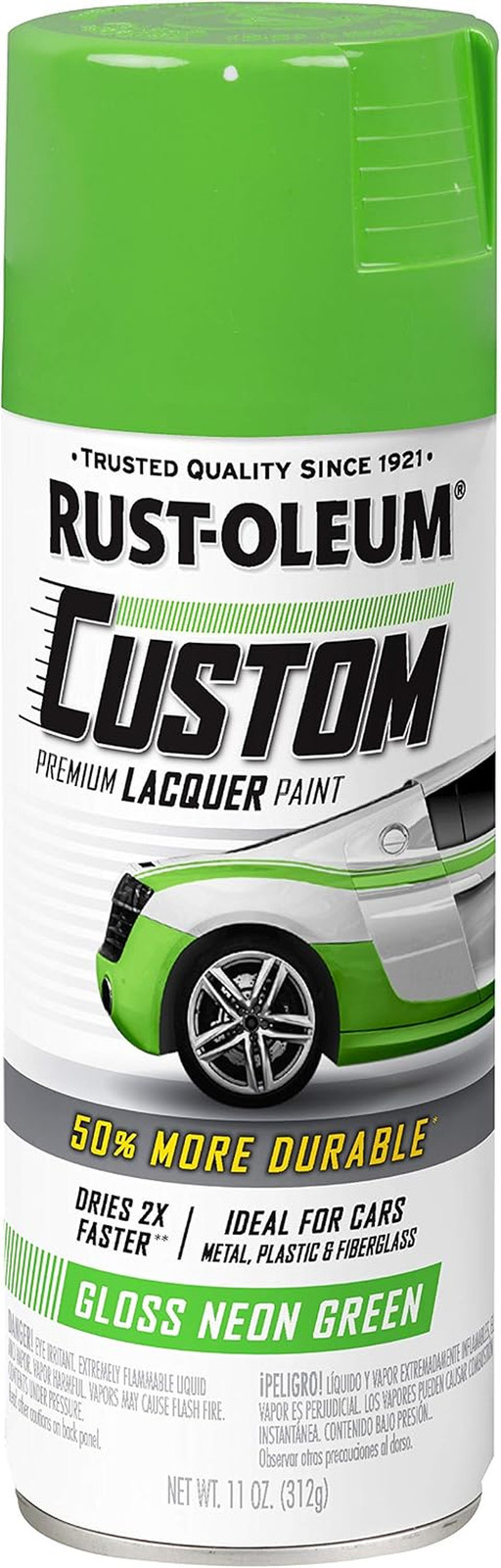 323349 Automotive Custom Lacquer Spray Paint, 11 Oz, Gloss Neon Green, (Pack of
