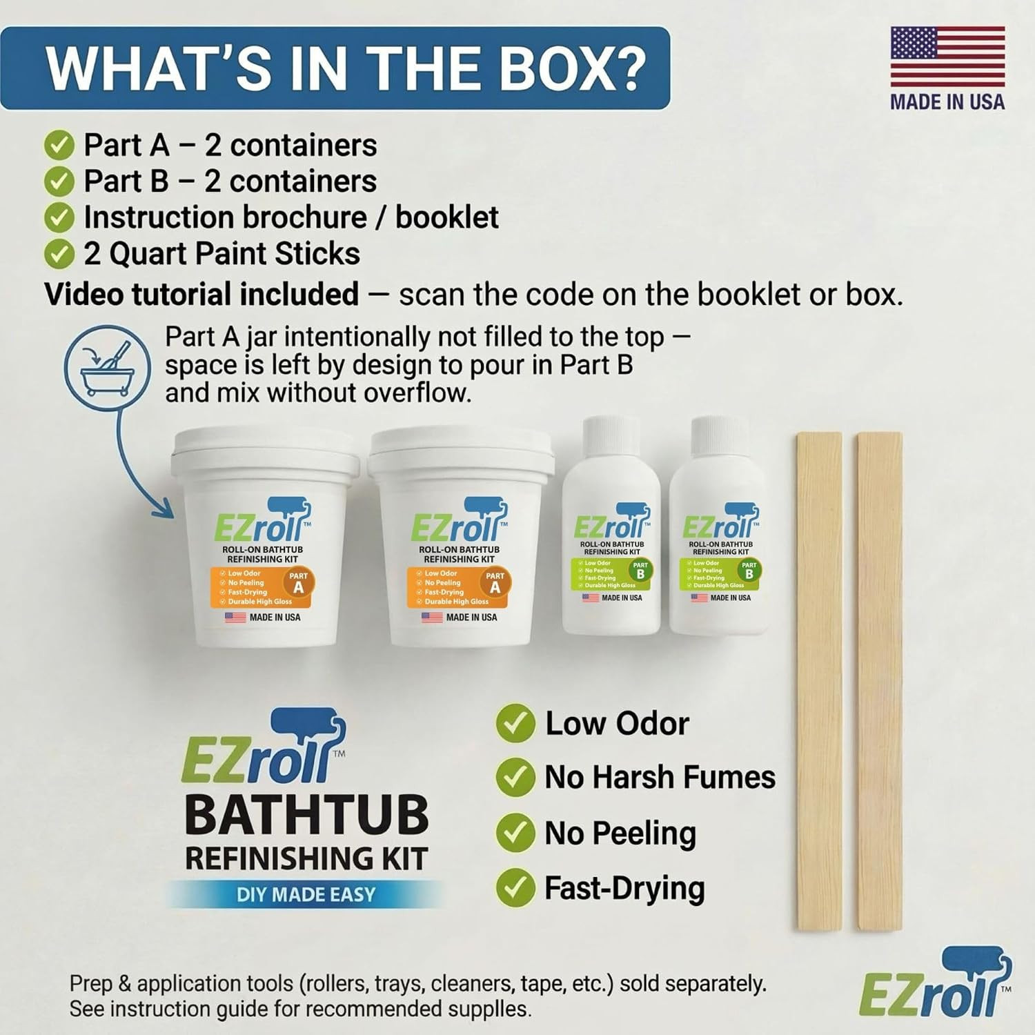 Durable Bathtub Refinishing Kit – Low Odor DIY Paint for Tubs, Tiles & Sinks
