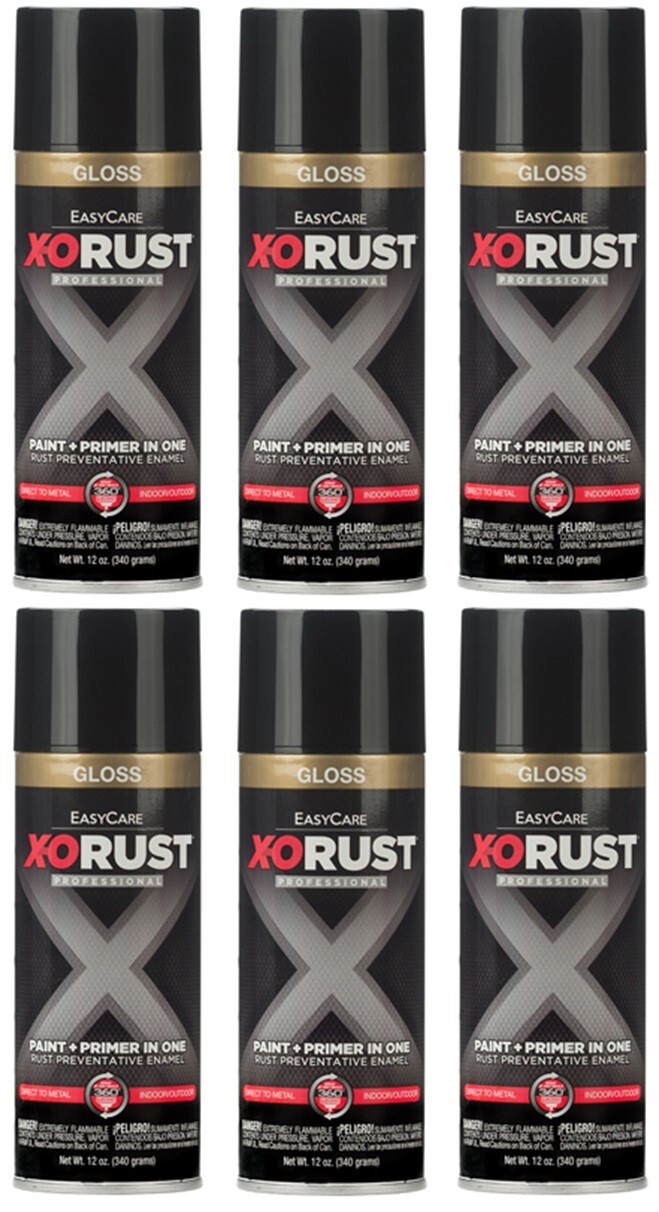 X-O Rust XOP2-AER Gloss Black Anti-Rust Enamel Spray Paint- Pack of 6