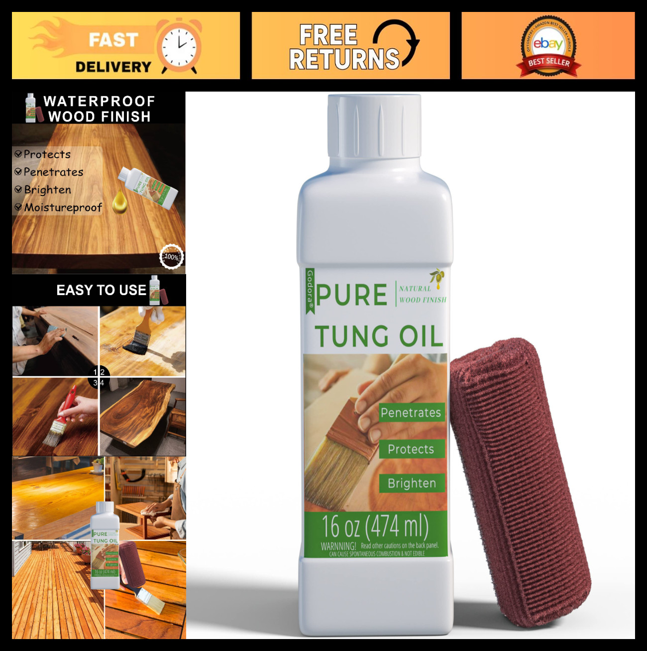 100% Pure Tung Oil 16oz – Food Safe Waterproof Wood Finish, Easy Application Clo
