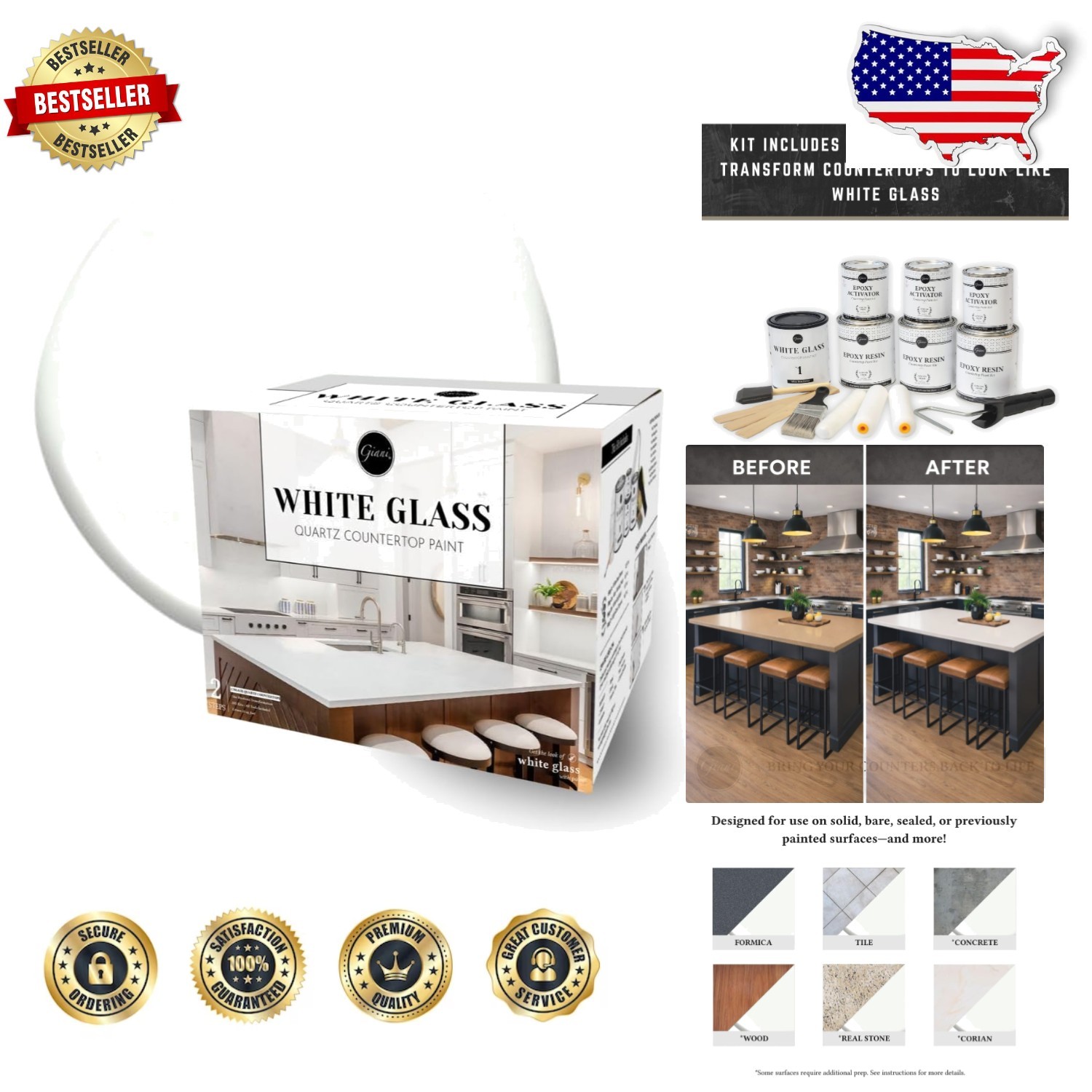 Easy Epoxy Countertop Paint Kit White Quartz High-Gloss Finish 35 Sq Ft