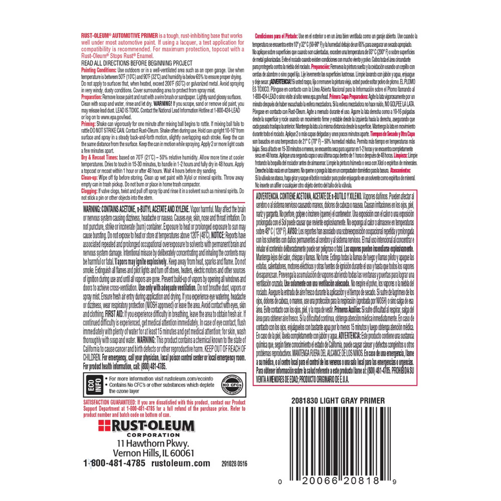 6Pack Rust-Oleum Stops Rust Automotive Primer Light Gray Flat, 12 oz Spray Paint