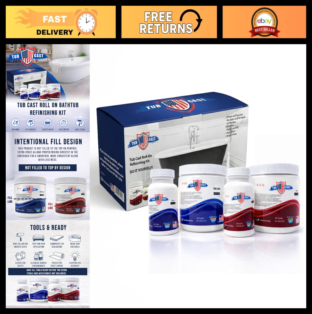 DIY Bathtub Refinishing Kit – Primer & Top Coat for Porcelain, Fiberglass, Cast