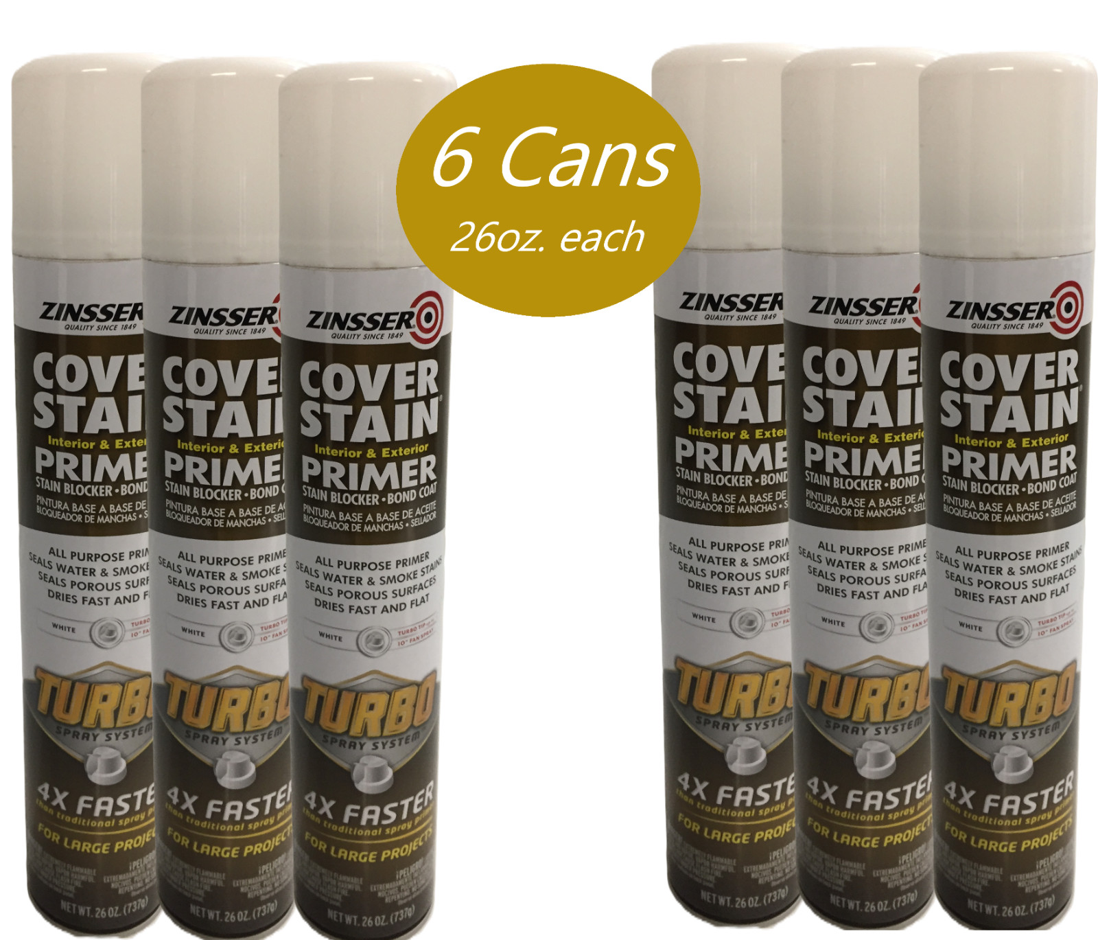 Zinsser Cover Stain Turbo Primer Spray, 26 oz, White, 6 cans