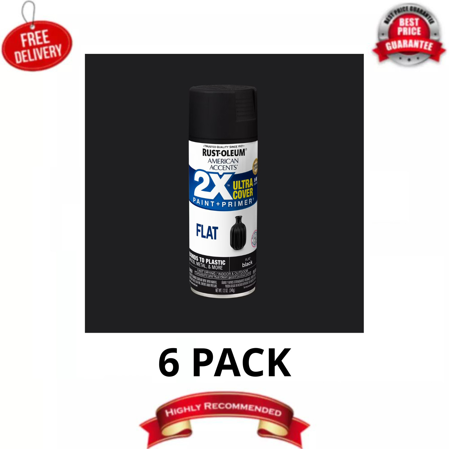 Rust-Oleum American Accents 2X Ultra Cover Flat Black Spray Paint 12oz 6 Pack