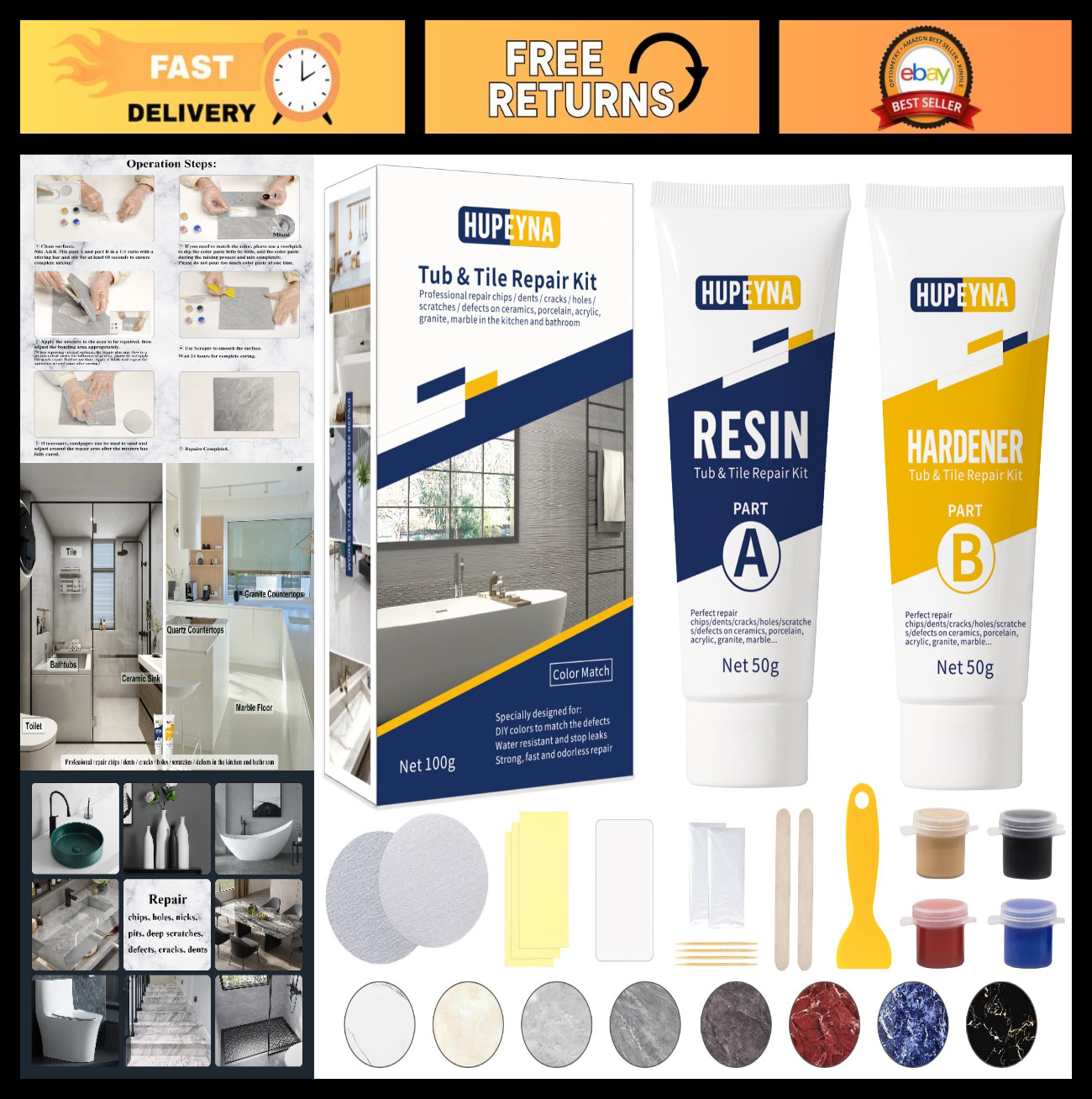 Tub, Tile & Shower Repair Kit – Color Match for Chips, Dents, Cracks & Scratches