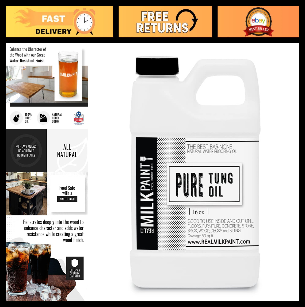 Pure Tung Oil for Wood Finishing – Food Grade, Waterproof, 16 oz – Ideal for Cut