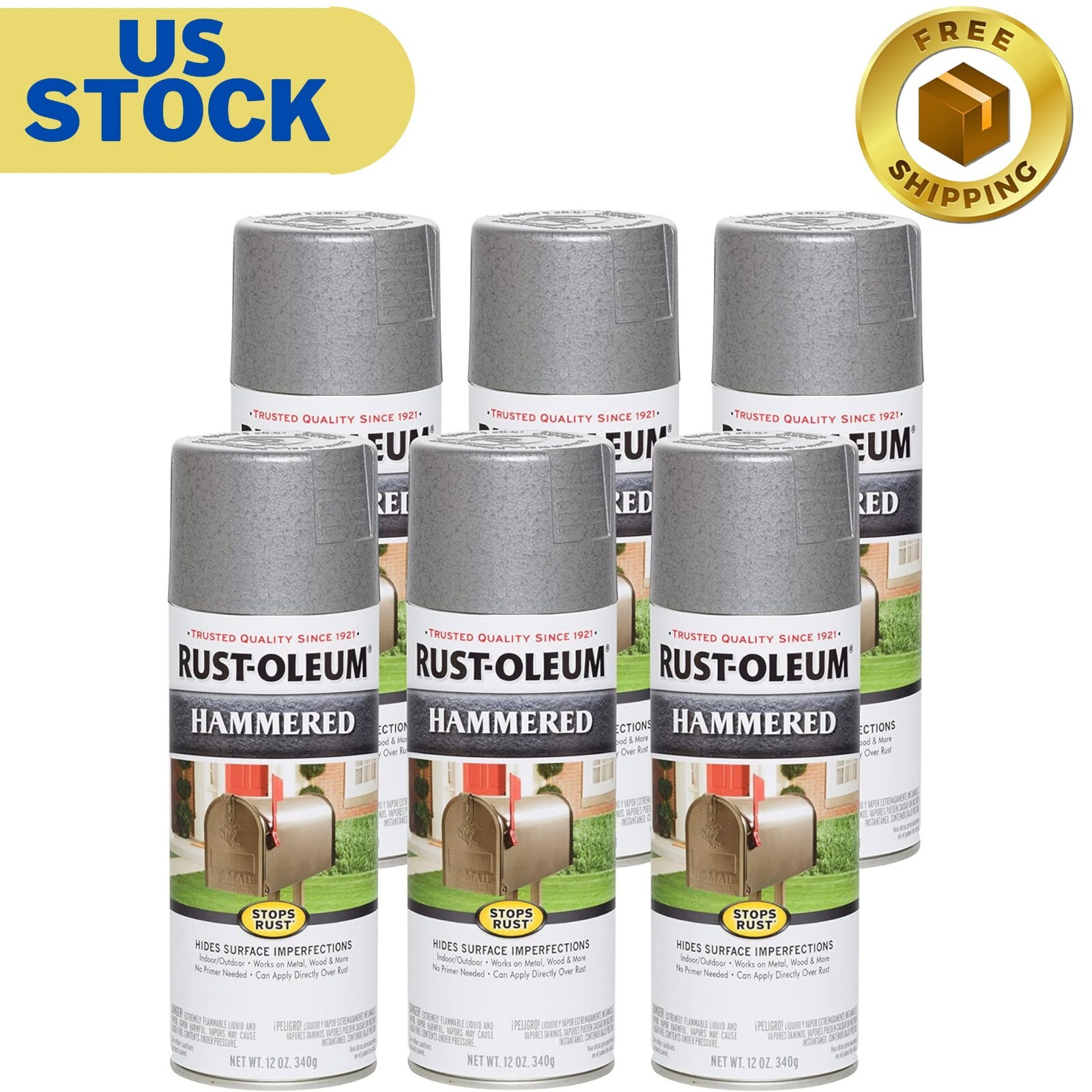 7213830-6PK Stops Rust Hammered Spray Paint, 12 Oz, Silver, 6 Pack