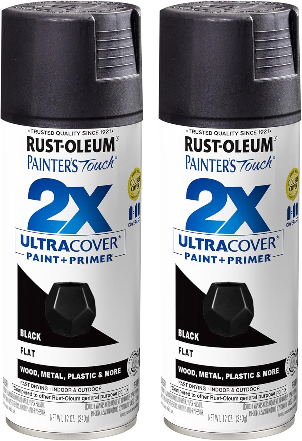 2 Pack 334020-2PK Painter’s Touch 2X Ultra Cover Spray Paint, 12 Oz, Flat Black
