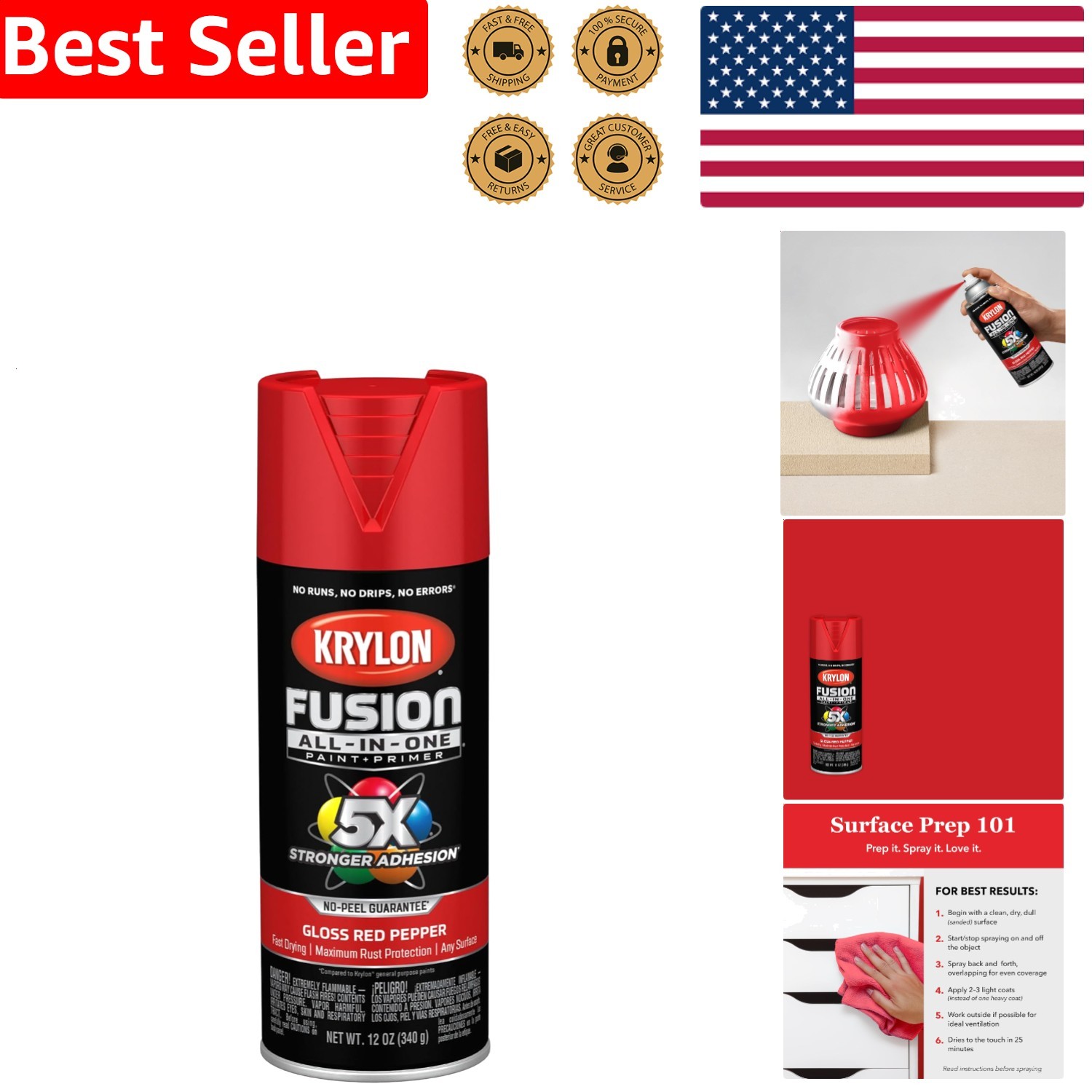 Fusion Gloss Spray Paint Red Pepper All-In-One Durable Interior Exterior 12oz