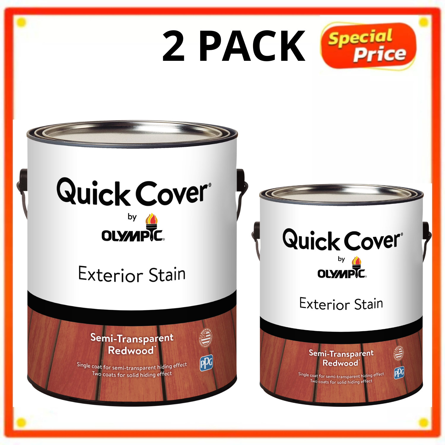 Olympic Quick Cover Redwood Wood Stain 1 Gallon Interior Exterior, 2 Pack