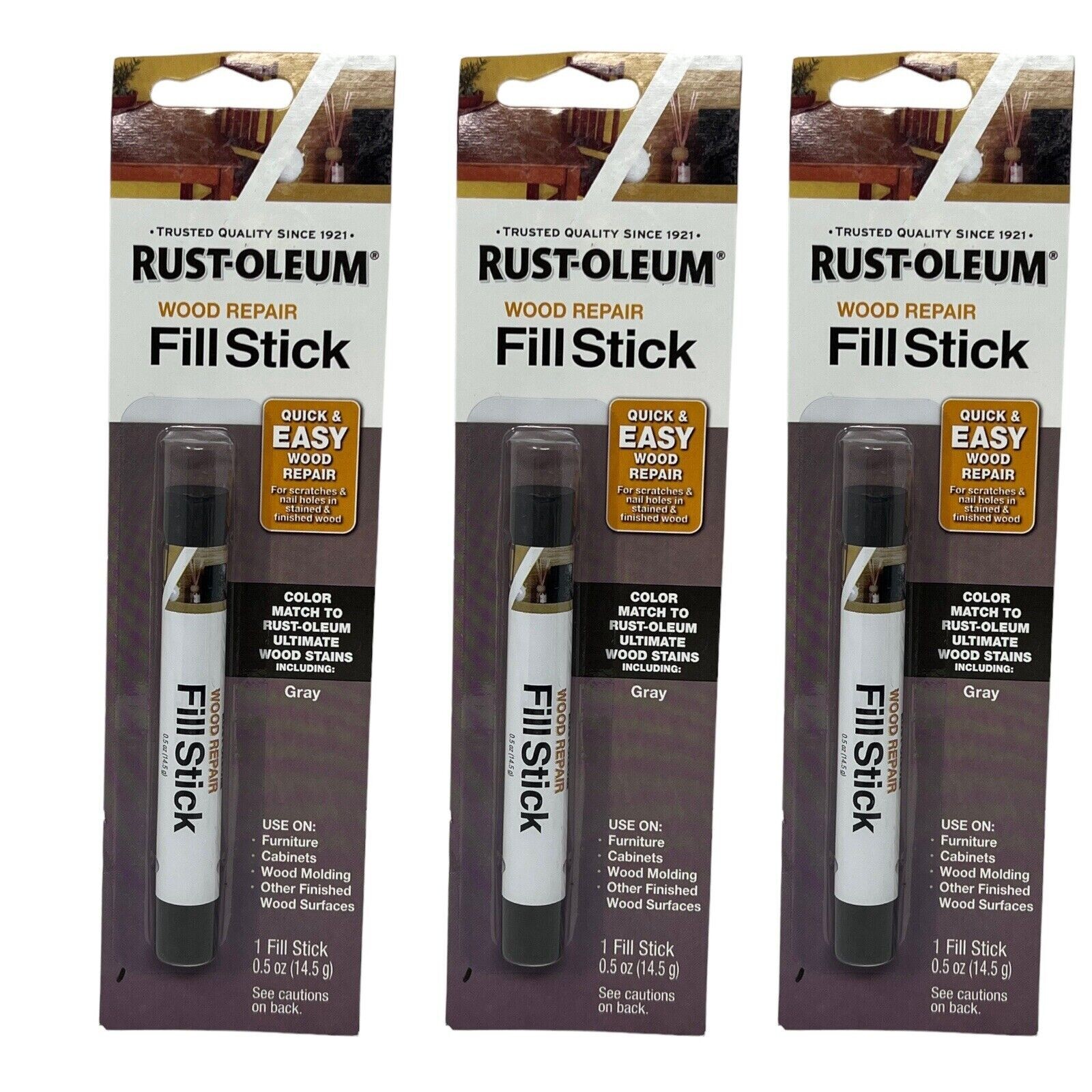 3 Rust-Oleum Wood Repair Fill Stick, Gray -.5 Oz. Stick Quick & Easy Wood Repair