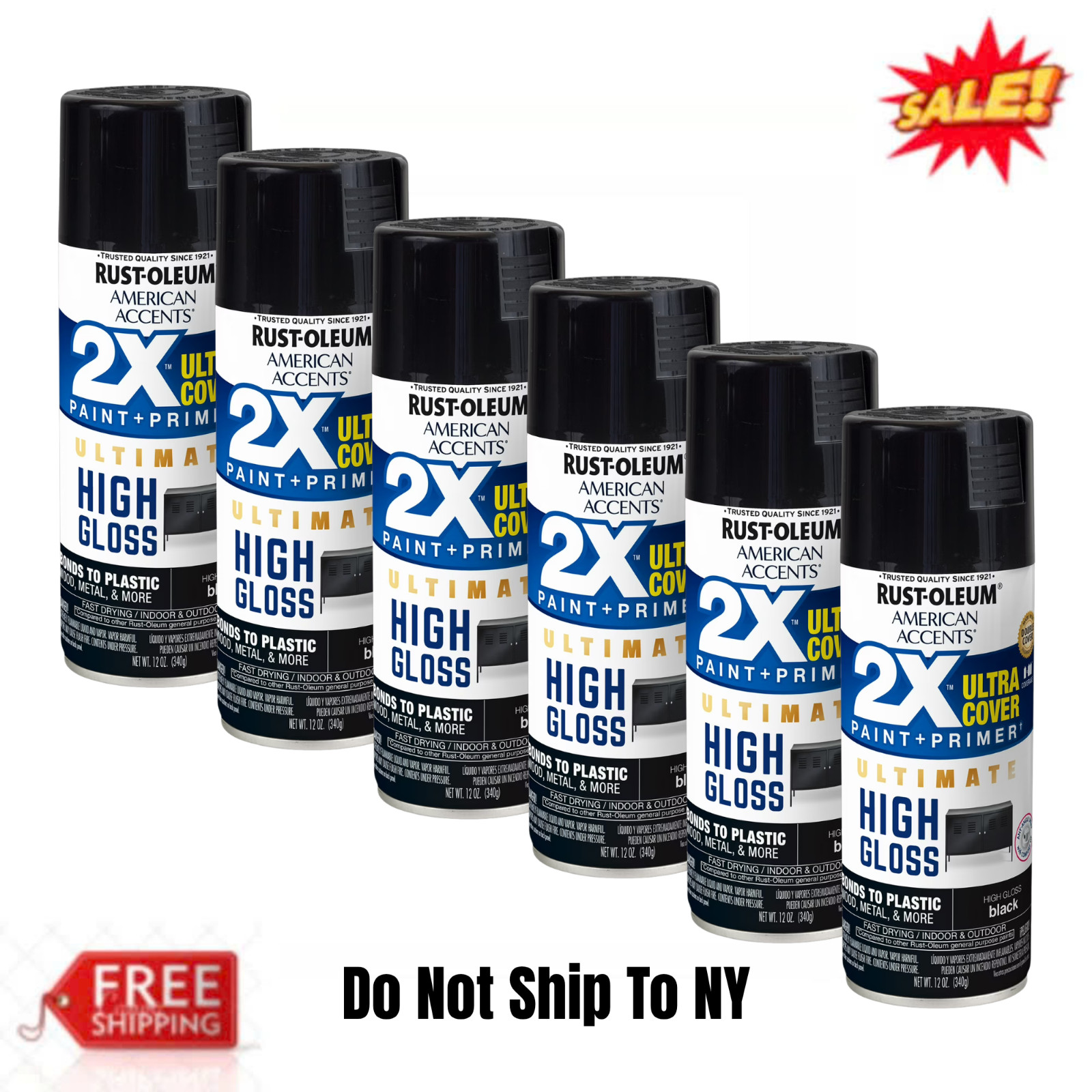 (6 Pack) Rust-Oleum 2X Ultra Cover High Gloss Black Paint Primer Spray 12 oz