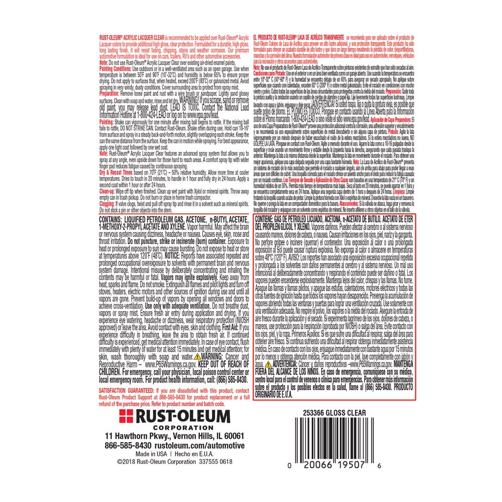 Multi- Surfaces Automotive Gloss Acrylic Lacquer Clear Spray Paint & Primer 11Oz