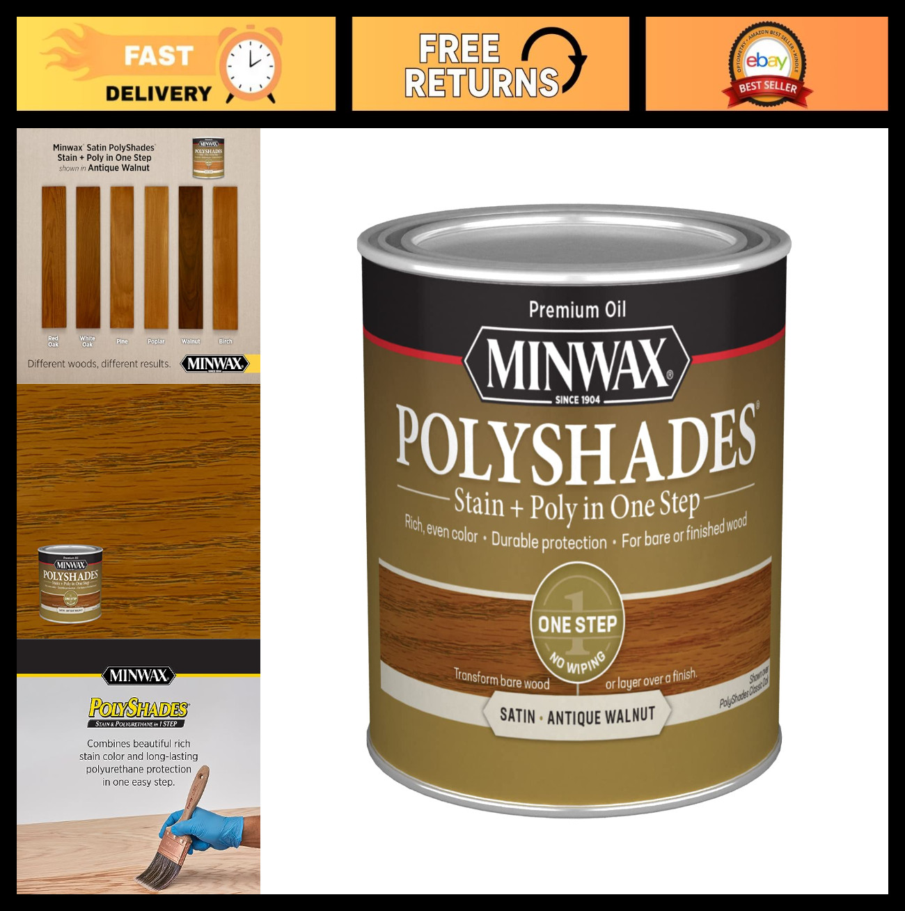 Wood Stain & Polyurethane Finish – ½ Pint, Antique Walnut, Satin, Easy Applicati