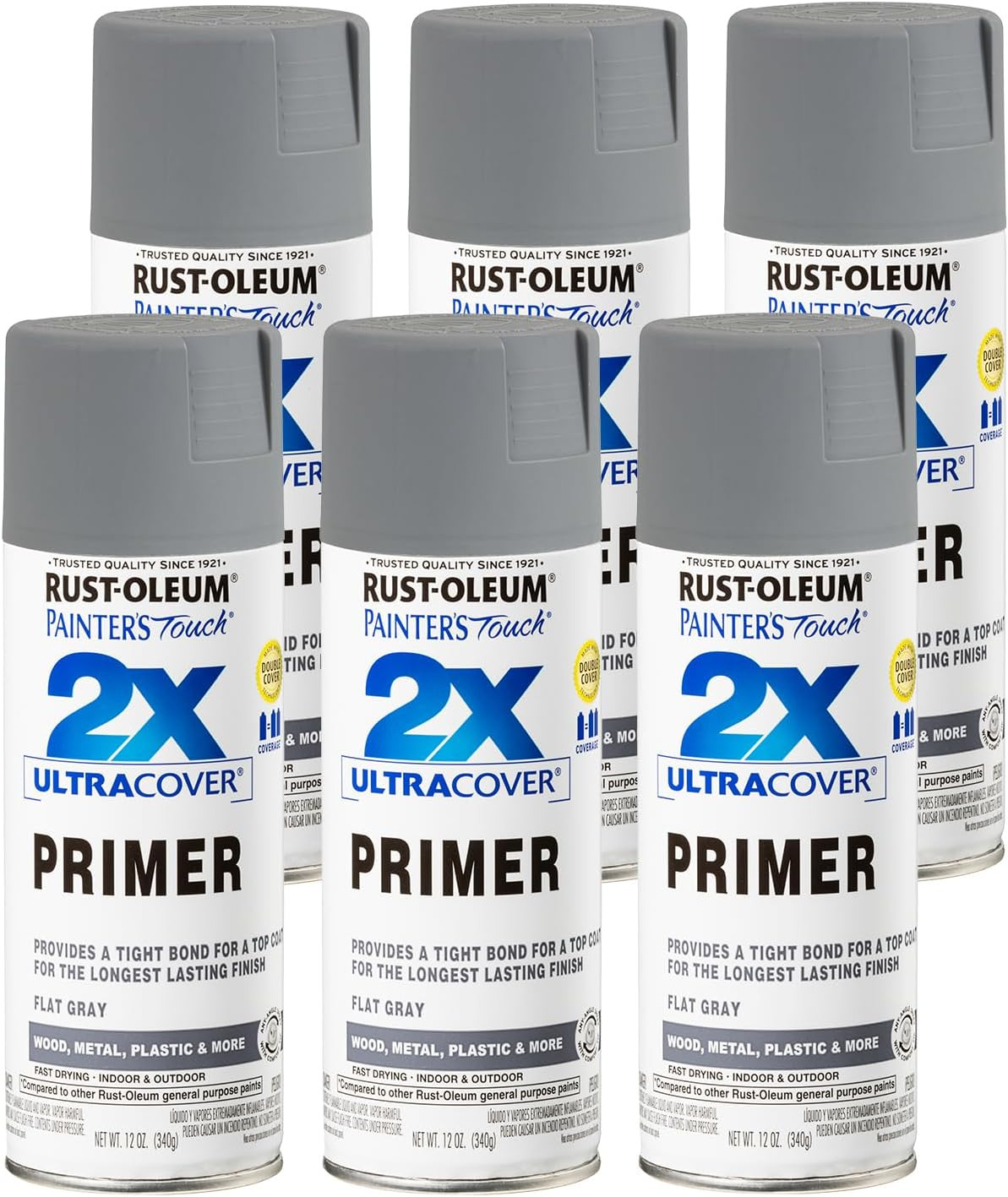 Rust-Oleum 334017-6PK Painter’S Touch 2X Ultra Cover Primer Spray, 12 Oz, Flat G