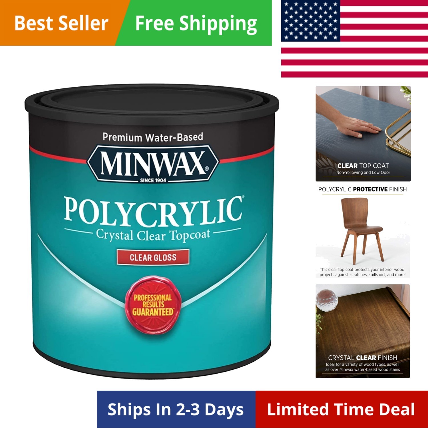 1/2 pt 25555 Clear Polycrylic Water-Based Protective Finish Gloss