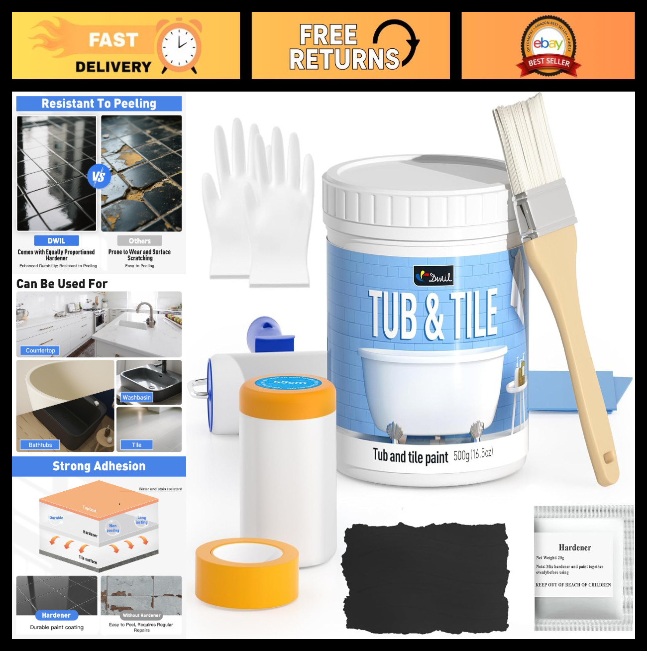 Tile Refinishing Kit with Tools – Water-Based, Low Odor Bathtub Paint, Semi-Glos