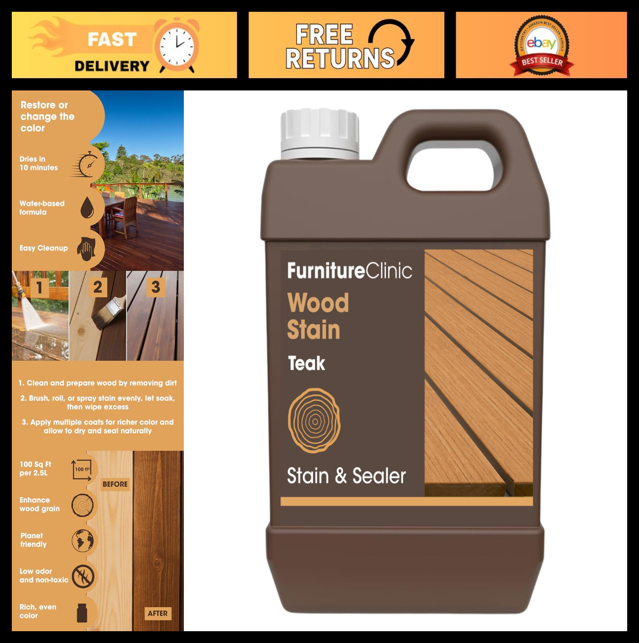 Wood Stain – Water-Based, Fast Drying, Low Odor, Non-Toxic – Indoor/Outdoor Use
