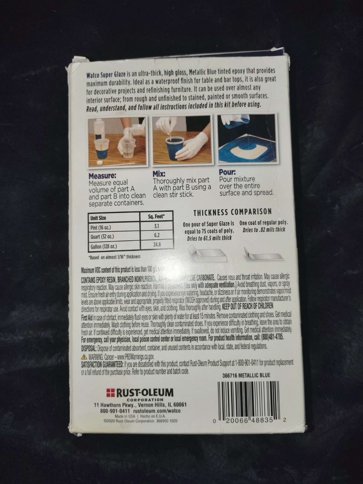 Rust-Oleum Watco- Super Glaze Pour On High Gloss Epoxy Met-Blue 1qt- Free Ship