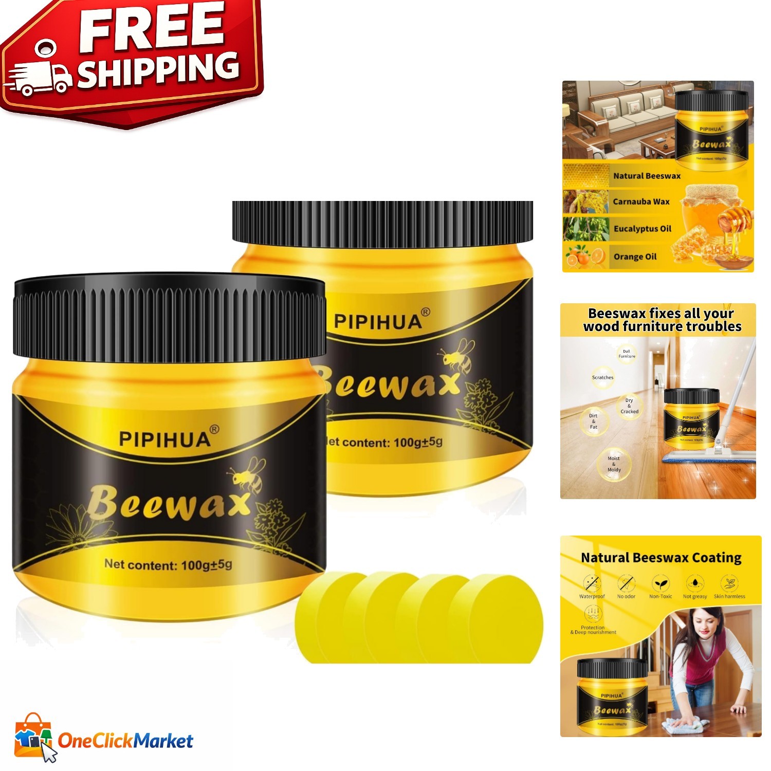 Natural Beeswax Polish for Wood with 4 Sponges – Waterproof & Restoring Care