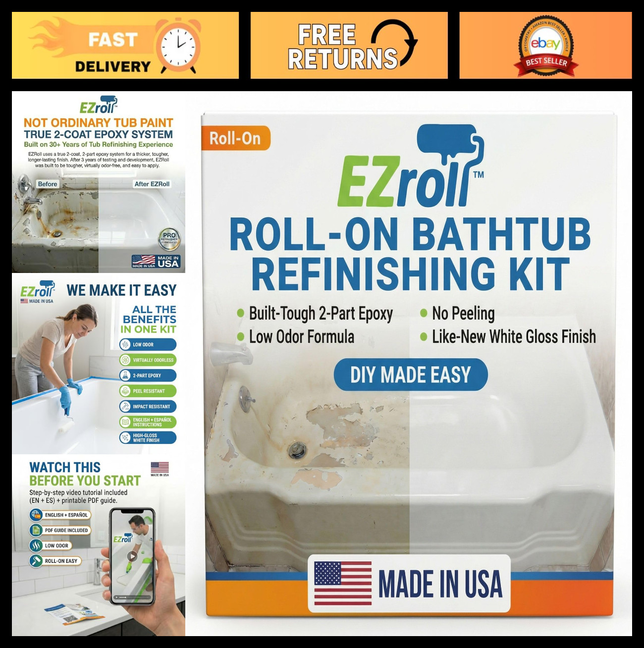 DIY Bathtub Refinishing Kit – Low Odor White Paint for Tub, Tile, Sink & Shower