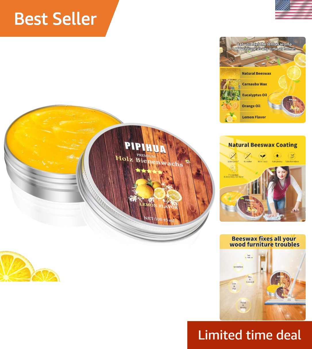 Lemon-Scented Beeswax Polish for Wood – Restores & Protects (100g with Sponge)