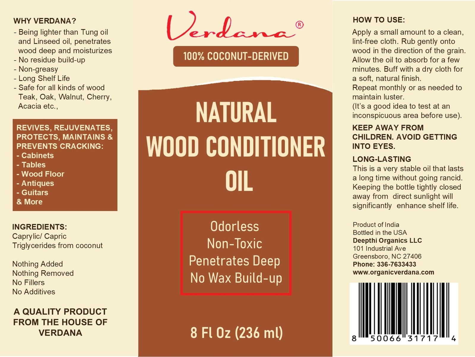 Verdana Natural Wood Conditioner Oil – 8 Fl Oz 8 (Pack of 1), Colorless