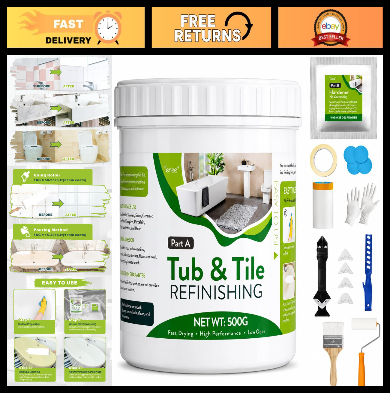 17oz Tub & Tile Paint Kit – Semi-Gloss Refinishing for Bathroom & Kitchen, Low O