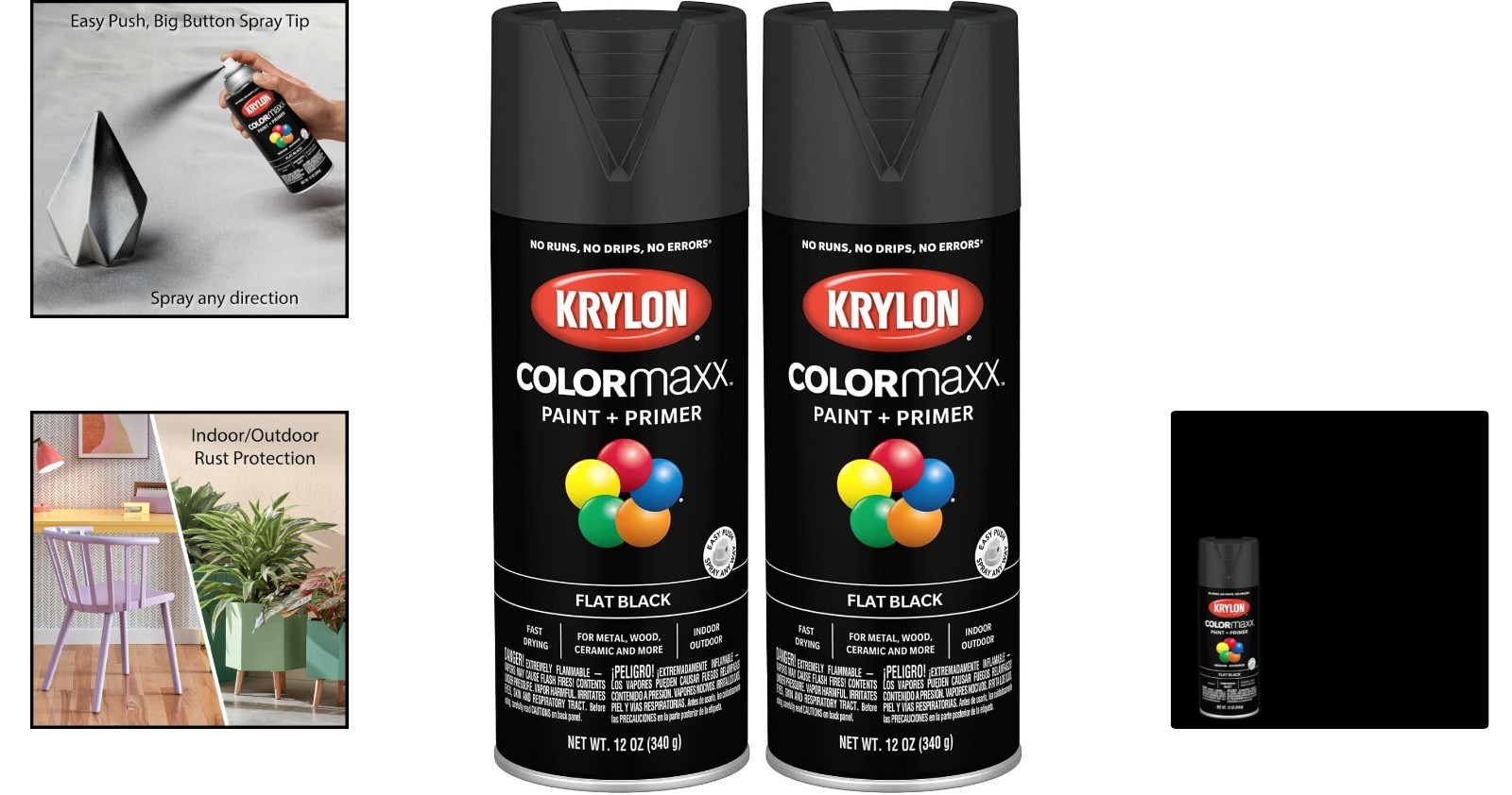 Flat Black Spray Paint & Primer – Quick Drying & Rust Resistant, 12oz x2