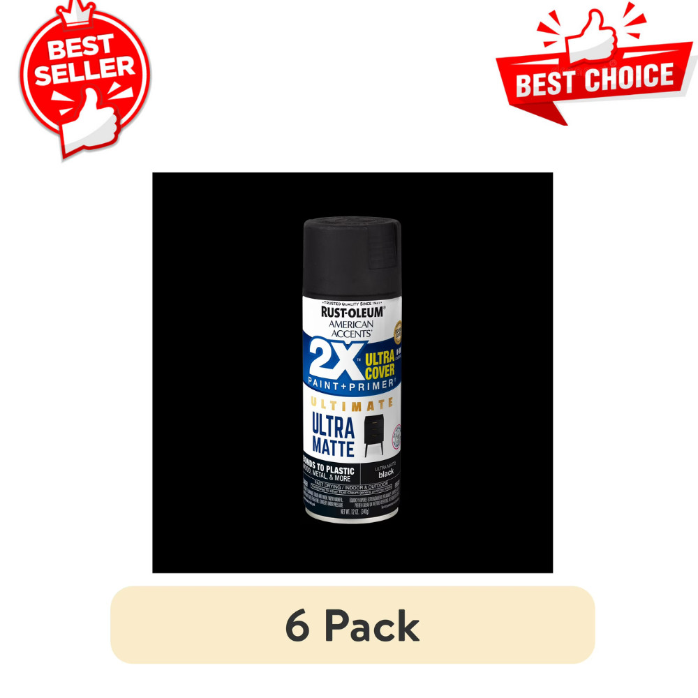 (6 Pack) Rust-Oleum 2X Ultra Cover Spray Paint, Black Ultra Matte 12 oz, Primer