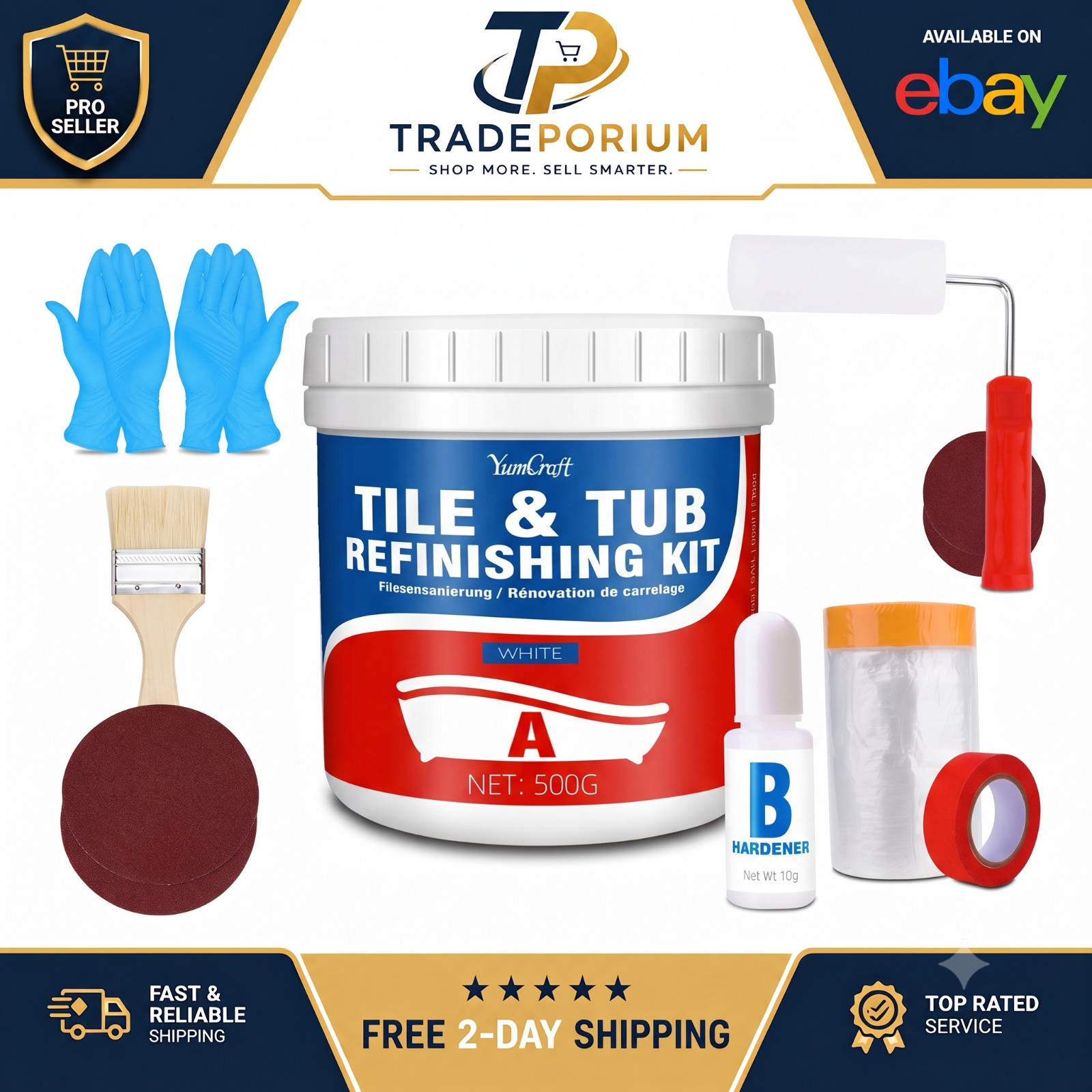 Tub & Tile Refinishing Kit 17oz 500g Bathtub Tile Paint w/ Hardener & Tools