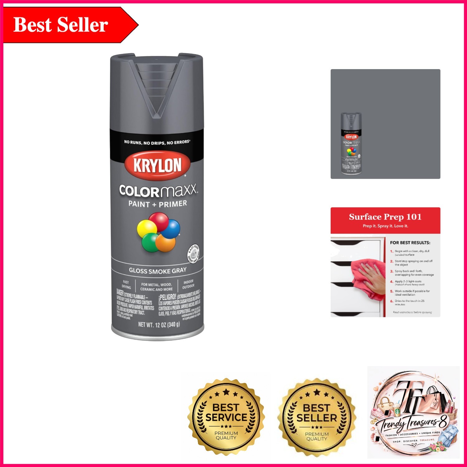 Krylon COLORmaxx Spray Paint & Primer – Gloss Smoke Gray, Indoor/Outdoor, 12 oz.