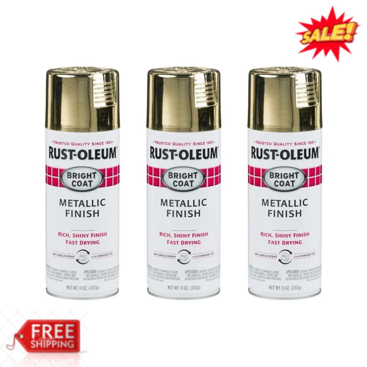 Gold, Rust-Oleum Stops Rust Bright Coat Metallic Spray Paint, 11 oz (Pack of 3)